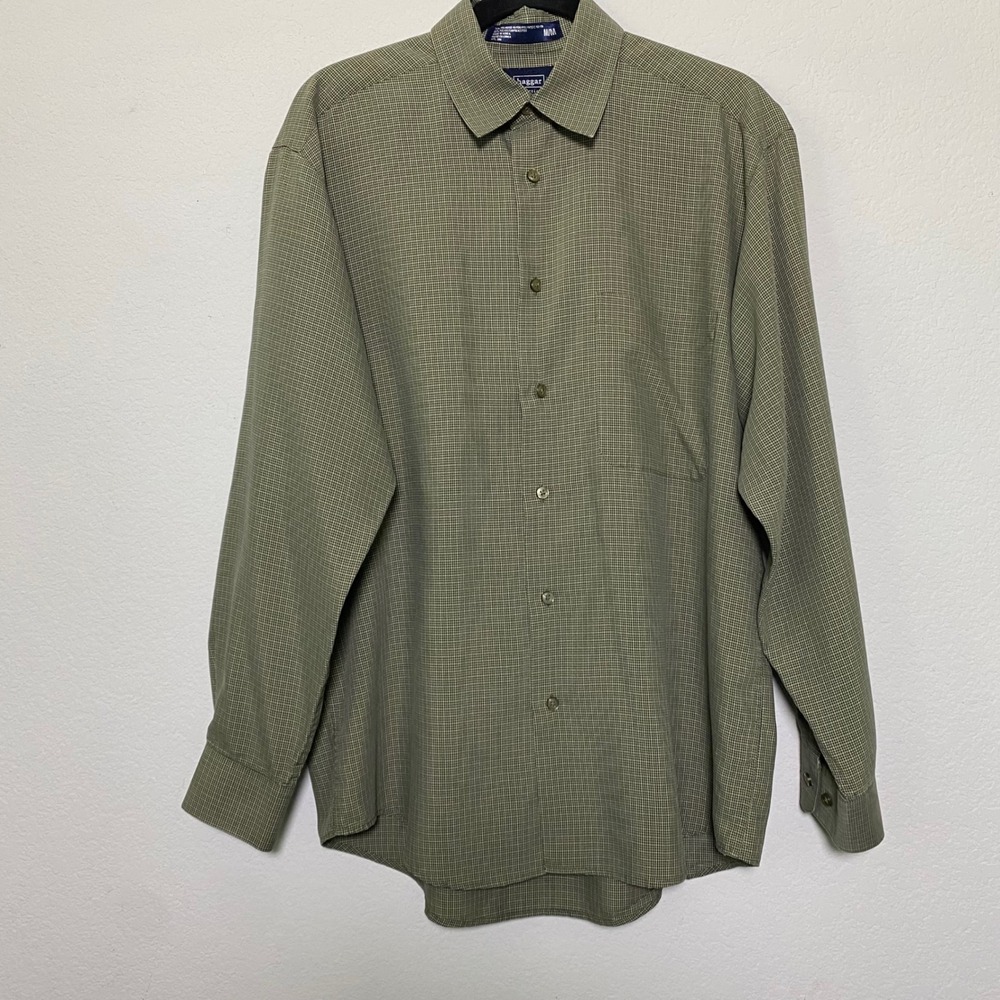Haggar Collections Mens Olive Green Plaid Long Sleeve Button Down Shirt